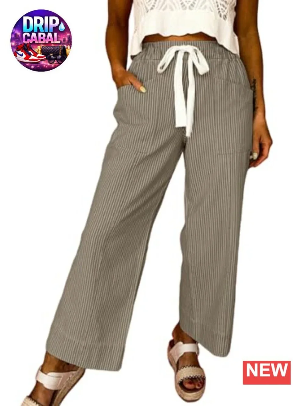 Elastic High Waist Striped Wide Leg Pants